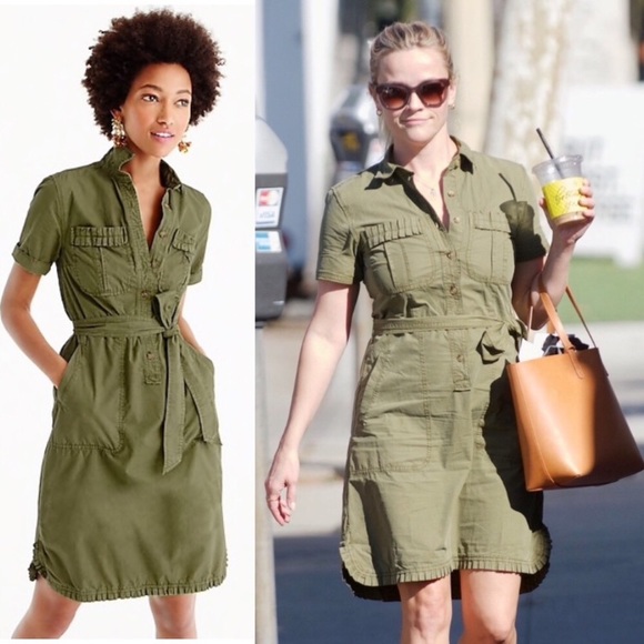 J. Crew Dresses & Skirts - J. Crew army green ruffled cargo shirt dress.